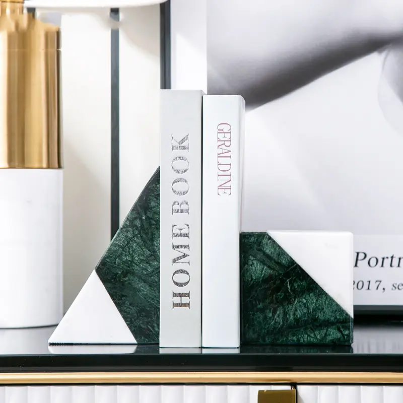 Creative Natural Polished Decoration Green and White Marble Bookends