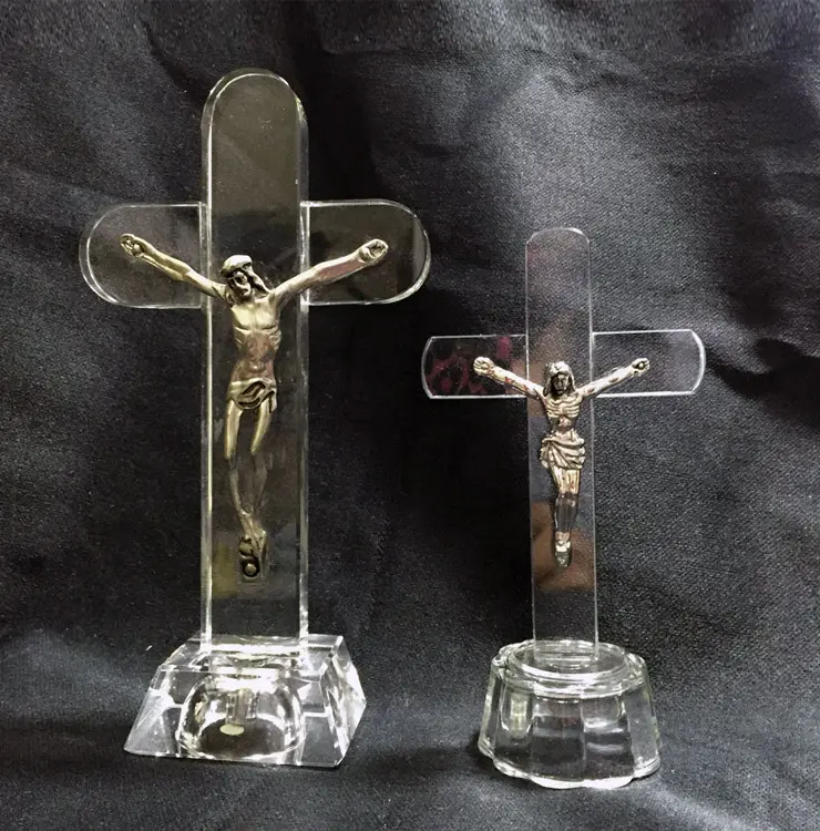 Metal Jesus Figurine On Crystal Crucifix Cross MH-15038