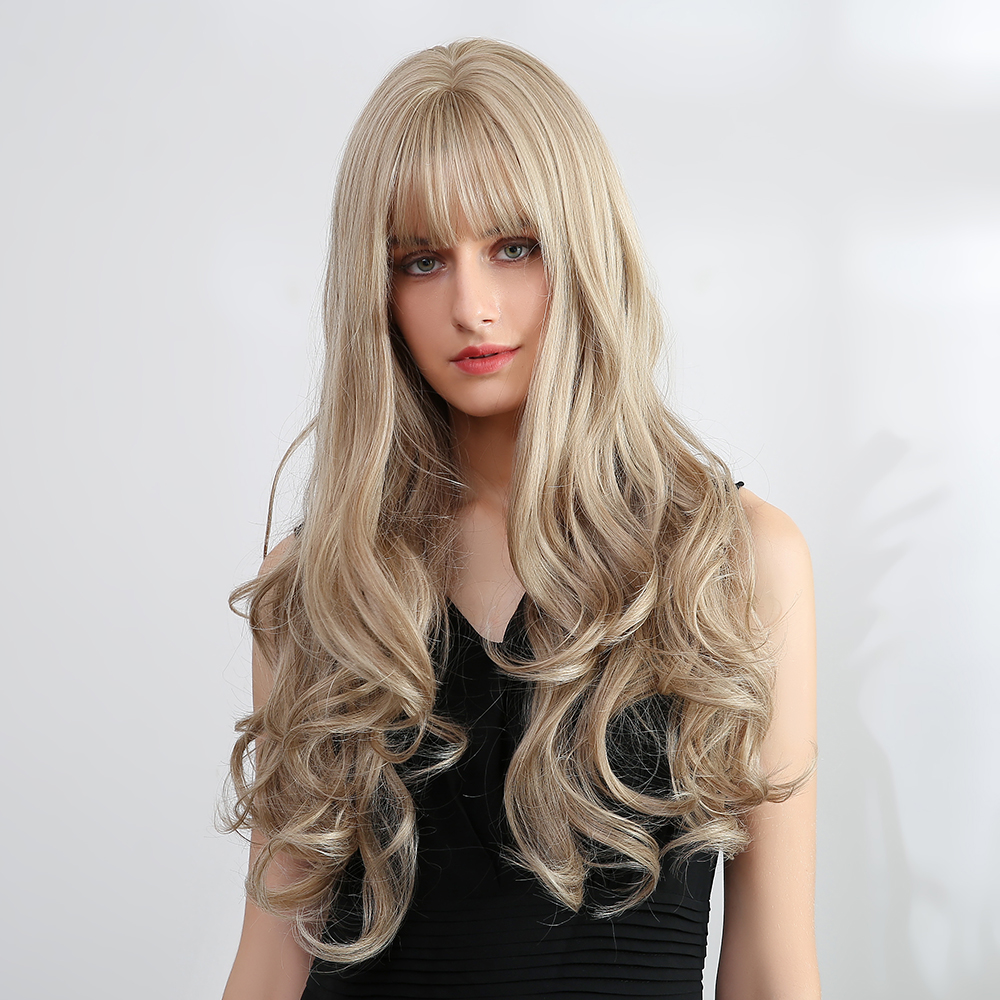 Factory Supply New Gold With Bangs Synthetic Long Natural Wave Curly Wigs for Women