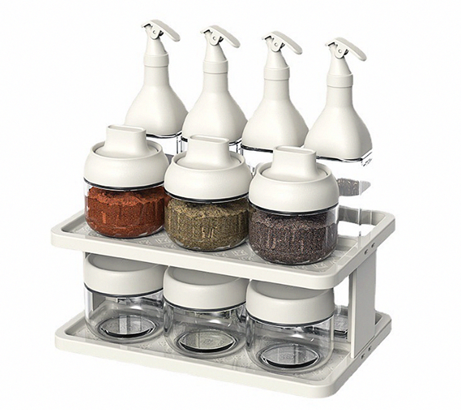 9.5oz Food Storage & Container 11 In 1 Oil Bottle Kitchen Plastic Glass Spice Jar Set With Rack Seasoning Jar With Lid And Spoon