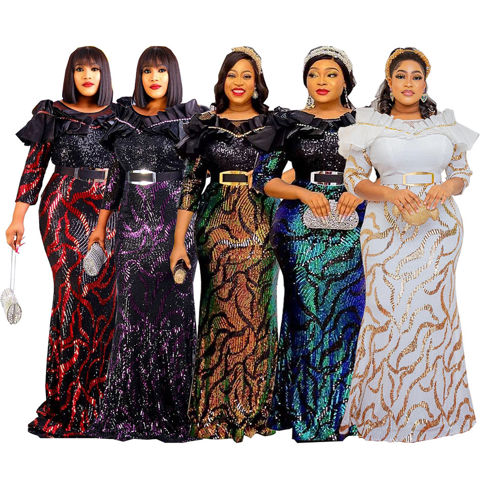 African Dresses For Women, Formal Party Gowns, Elegant Lady Sequin Bodycon, Fringed Glitter, maxi Evening Dress с Belt, New, 2022