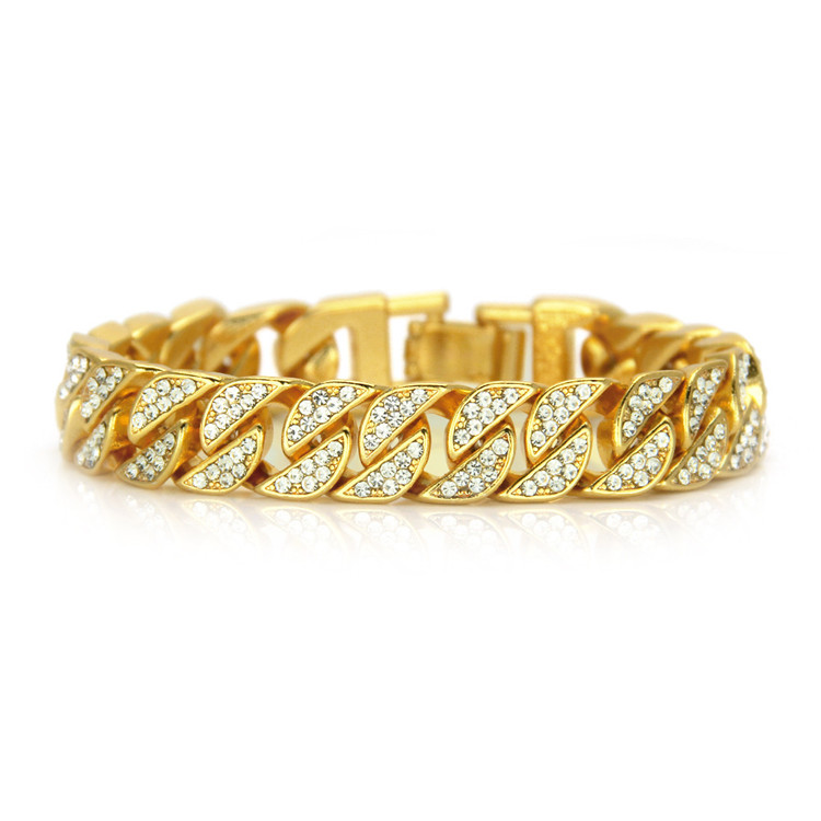 Fashion Men's Punk Rap Men's Punk Rap Jewelry elry Hips Hops 13mm Gold Plating Full Crystal Cuban Chain Bracelet