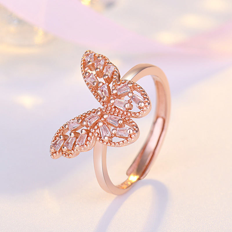 Ins Summer Jewelry Rose Gold Micro Diamond Butterfly Ring Resizable Bling Full Rhinestone Crystal Butterfly Ring