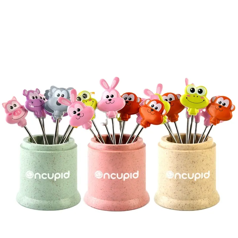 Household stainless steel animal cartoon shape vegetable picks colorful fruit fork with eco-friendly printing