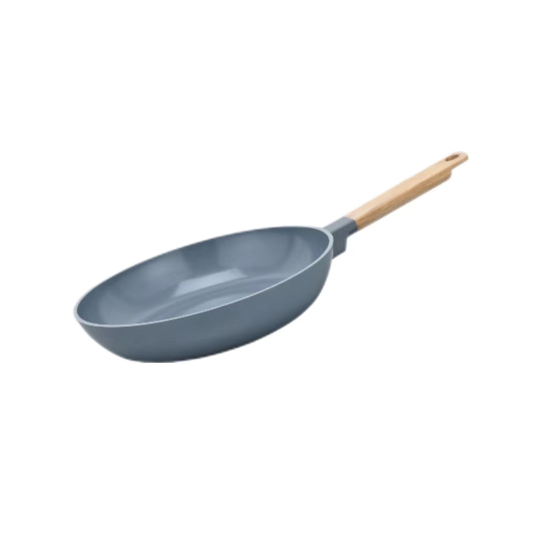 CENTURY Aluminum Induction Bottom Frying Pan Gray Blue Ultra-Thin Non-Stick Kitchen Wok with Wooden Handle for Cooking