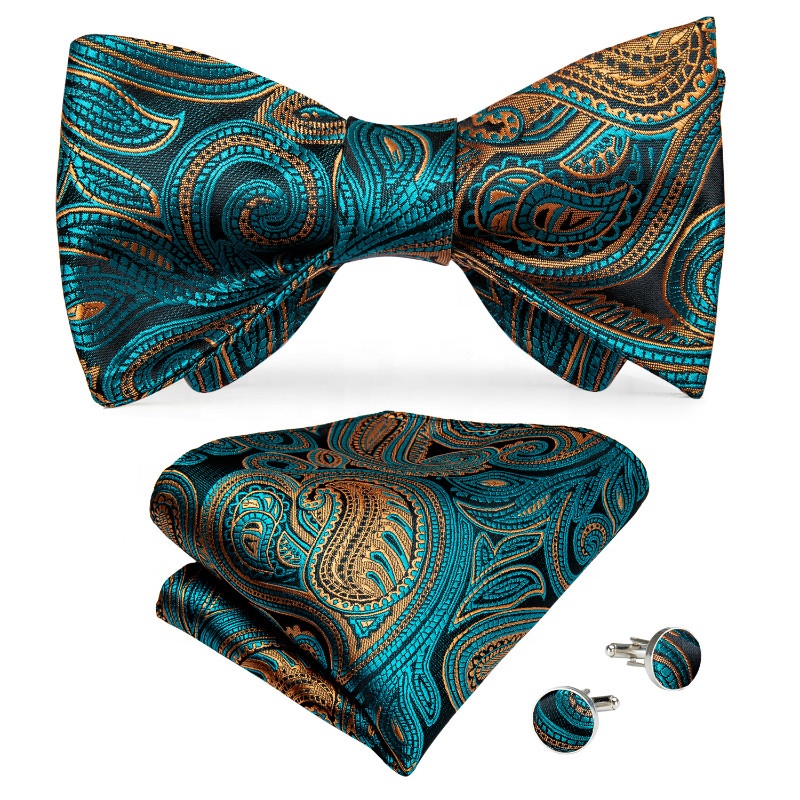 New Design Made in China Blue Green Gold Flower Silk Self-Bow Tie Handkerchief Cufflinks Set for Men
