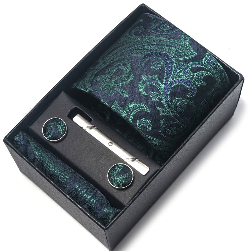 Men Green/Gold/Red/Black Tie and Pocket Square Set, Dress Necktie Handkerchief Cufflinks Clip in gift box tie set