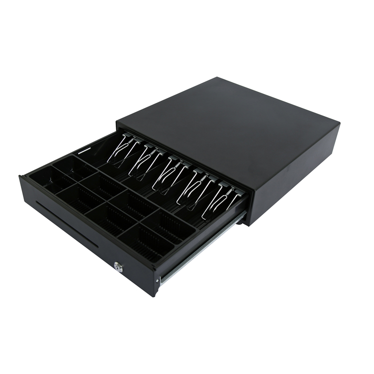 Black cash drawer with panel and removable tray