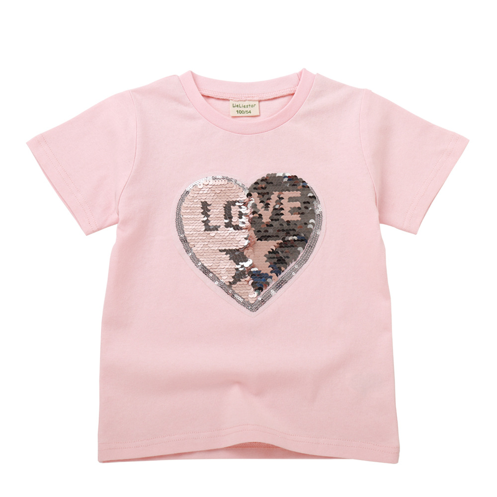 Kids Shirt for Girls 2020 Wholesale Brand Baby Summer Cotton Tops Casual Clothes Girls Flip Sequin Embroidered T-Shirt