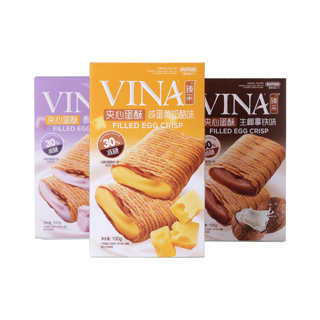 Sunssi Factory Price Filled Egg Crisp Salted Yolk Cheese&Taro Milk&Raw Coconut Latte Flavor