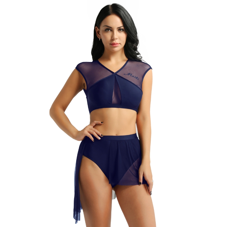 iEFiEL Women 2 Pieces Contemporary Dance Costume Sleeveless Mesh Crop Tops with Skirt