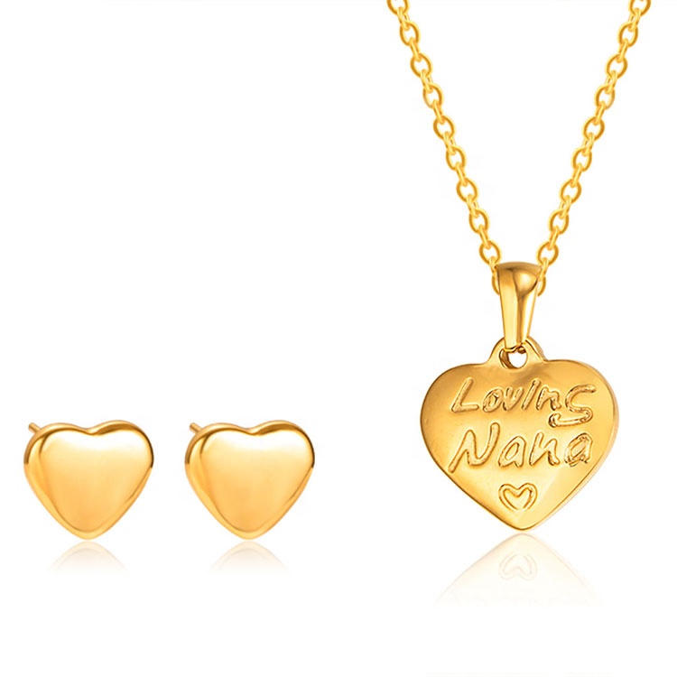 Wholesale Fashion Women's Heart Shaped Jewelry Stainless Steel Gold Plated Jewelry Set Necklace Earrings Wedding Jewelry