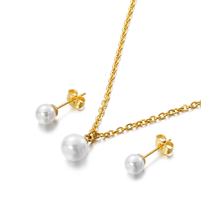 Pearl White Necklace Earring Jewelry Set Stainless Steel Hot Sale Gift Women Engagement Wedding Jewelry Set