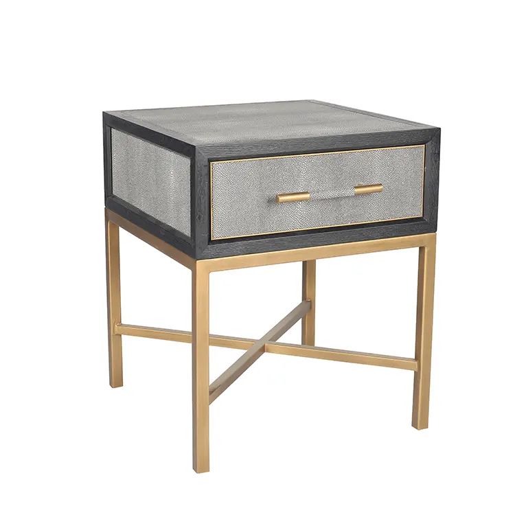 Contemporary gold luxury metal faux shagreen leather bedside table