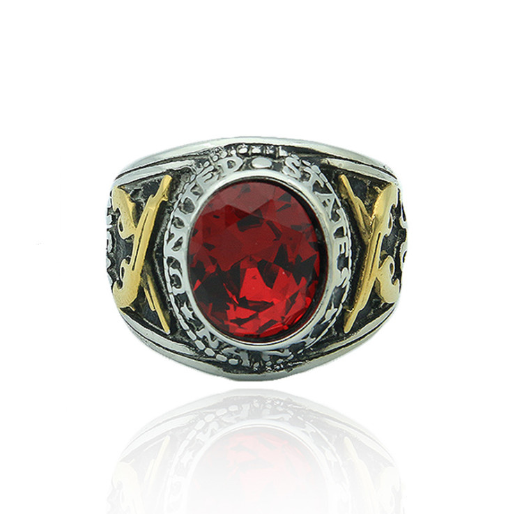 US Army Titanium Steel Ring Red Zircon High Quality Retro Men's Ring