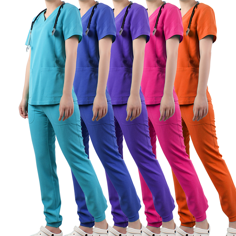 Two Pieces colorful Hospital Uniforms Women V- neck Nursing Scrubs Suit Beauty Salon Work Cloth Scrubs Set jogger scrub