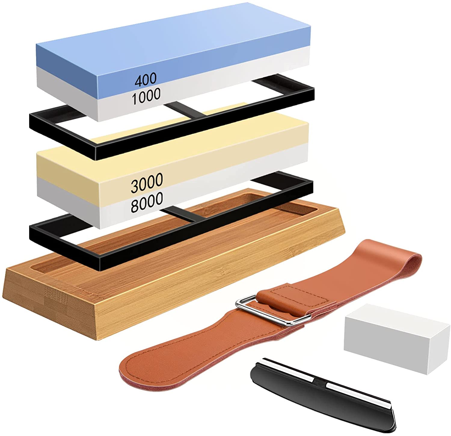 Sharp Premium Whetstone Knife Sharpening Stone sharpener with 400/1000/3000/8000 grit with NonSlip Bamboo Base & Angle Guide