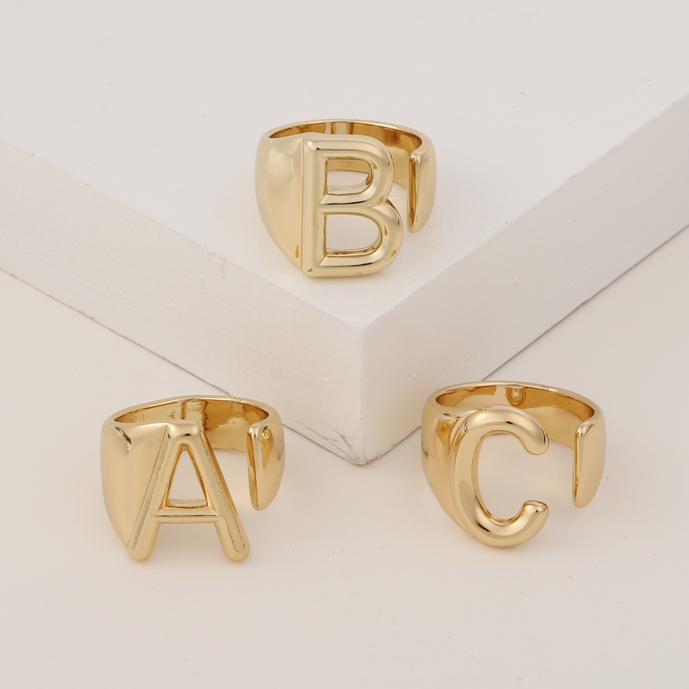 Hip Hop Copper 26 Letter Alphabet Ring Mens 18K Gold Plated Exaggerated Adjustable Simple Tail Ring