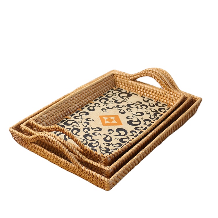 Pointed ear-shaped handles bottom printed rattan square tray