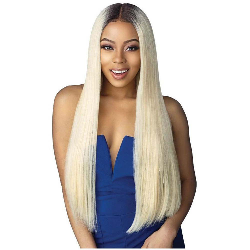Long straight hair ombre light golden high temperature silk gradient chemical fiber headgear chemical fiber hair