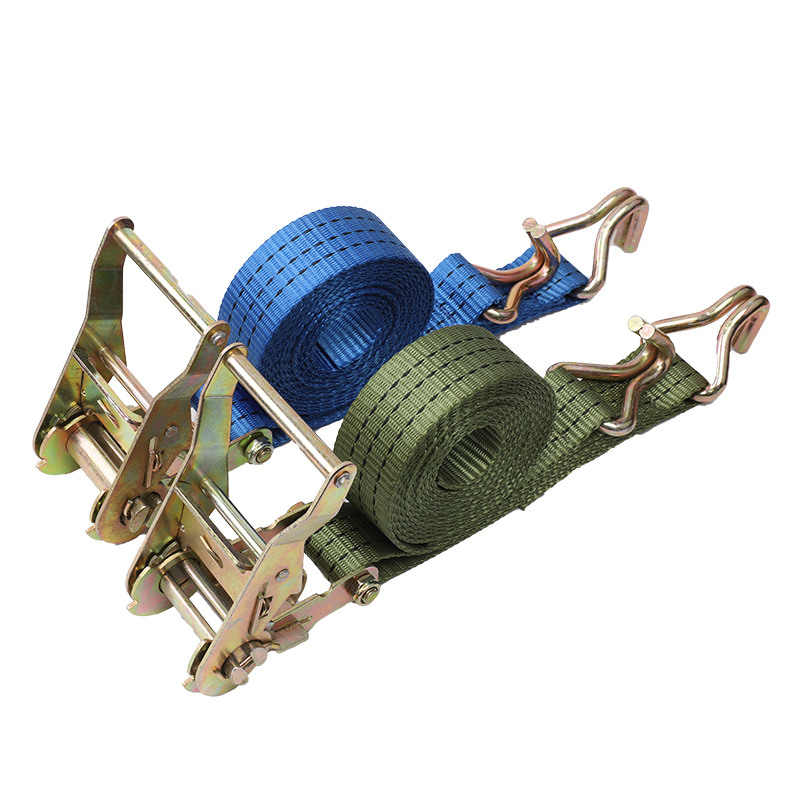 Ratchet tie down lashing straps with double hooks