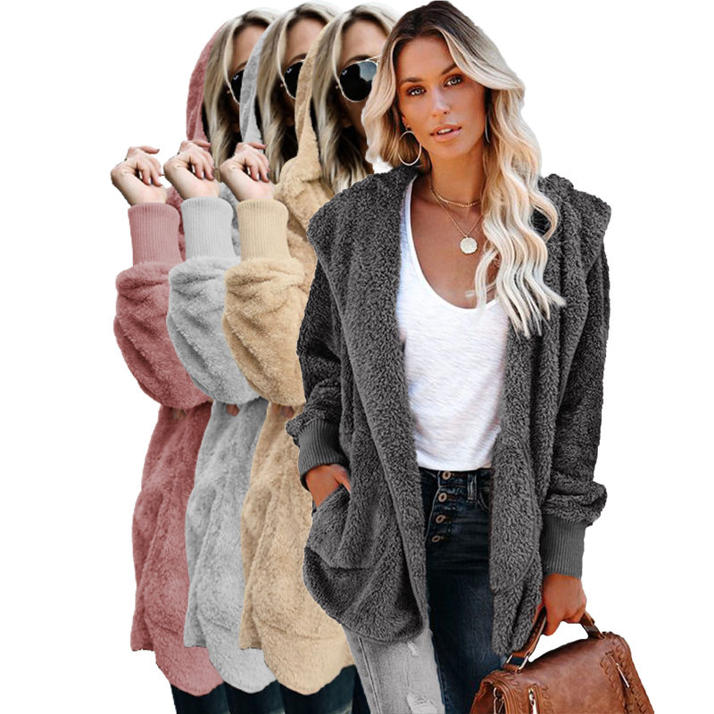 Wholesale 2021 Women Winter Outwear Cardigan Jacket Soft Fleece Hooded Open Front Long Coat