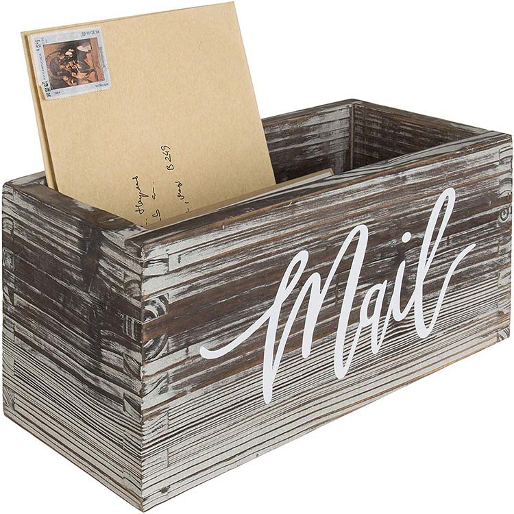 Rustic Torched Wood Tabletop Decorative Mail Holder Box