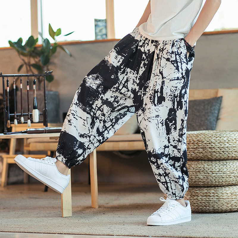 Summer new thin men's Cotton hemp casual large crotch Harem Pants men's Lantern pants