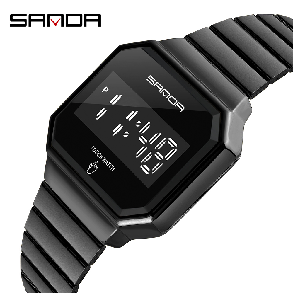 Sanda 8001 Роскошные светодиодные наручные часы с сенсорным экраном для мужчин светящиеся водонепроницаемые стальные цифровые часы