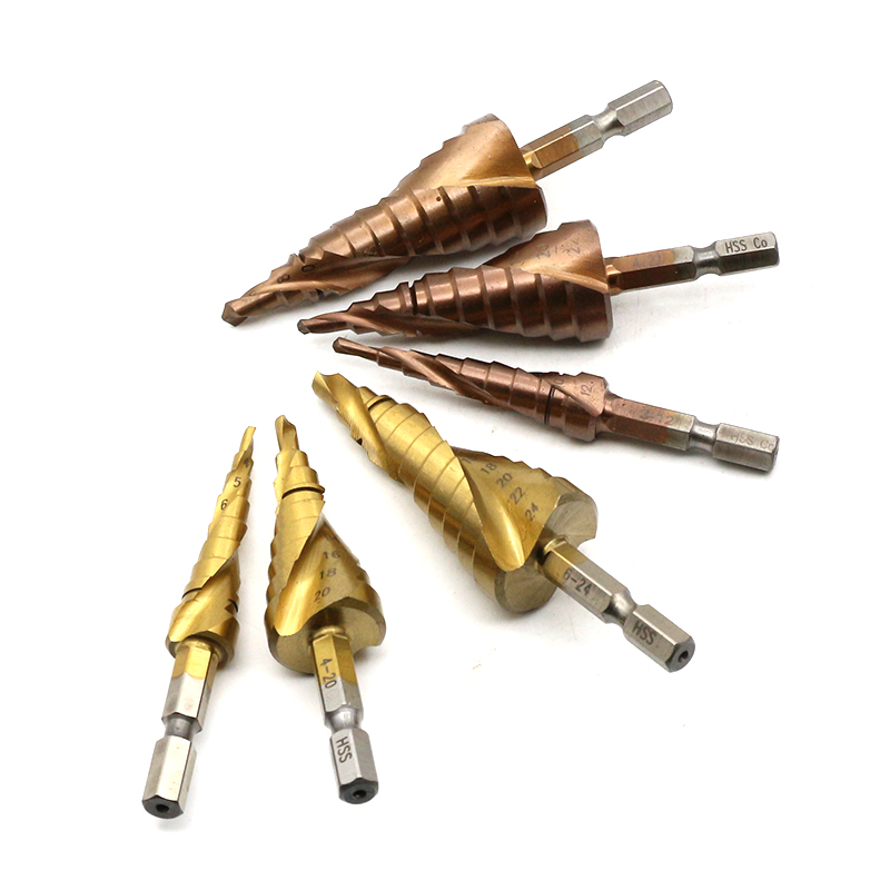 Titanium plated straight shank spiral groove HSS step drill bits for metal drilling 4-32