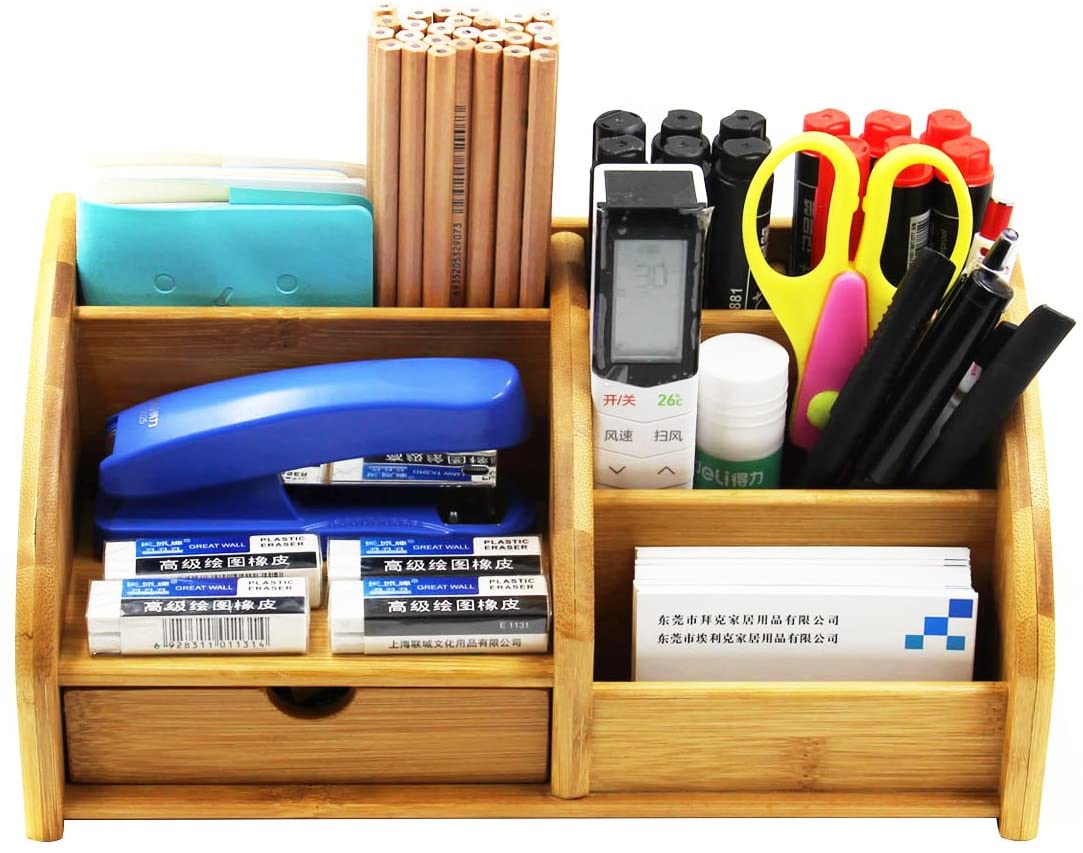 Bamboo Desk Organizer Pencil Holder Office Supplies and Accessories Storage Caddy with Drawer