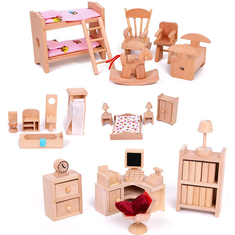 Hosale Children's play house toy wooden mini simulation small furniture set girl doll house cottage decoration accessories