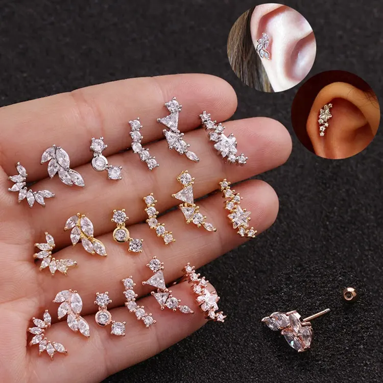 Gold Silver Rose-Gold Color Plated 316L Surgical Steel Zircon Cartilage Tragus Women's Earring Studs Piercing Jewelry