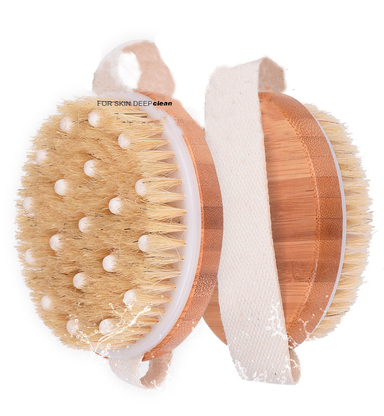 Eco Friendly Natural Boar Bristle Round Design Hand Hold Bath Brush Bamboo Wood Massage Bath Brush Body Skin Cleansing Brush