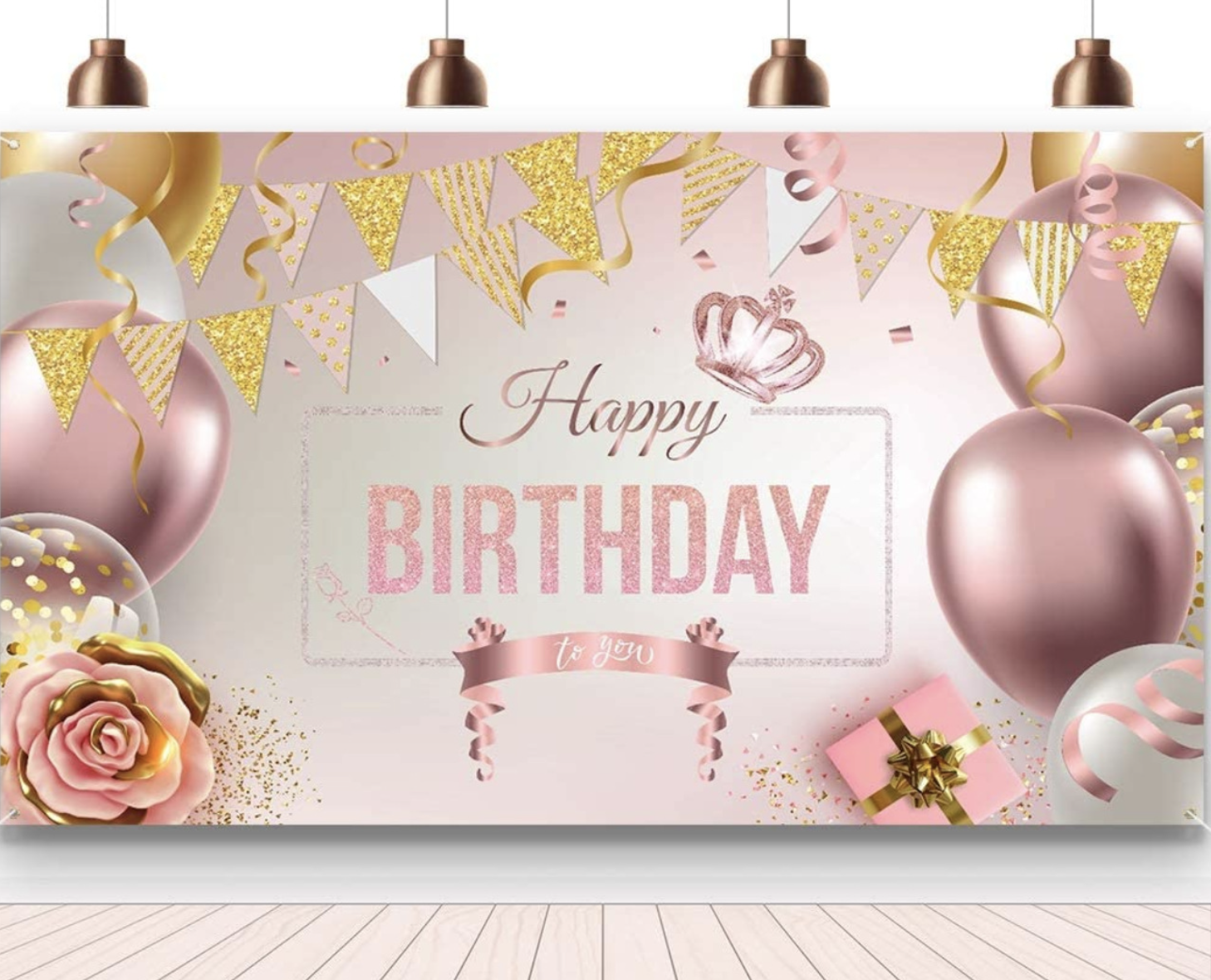 Happy birthday decoration banner rose gold balloon background theme poster girl lady birthday celebration