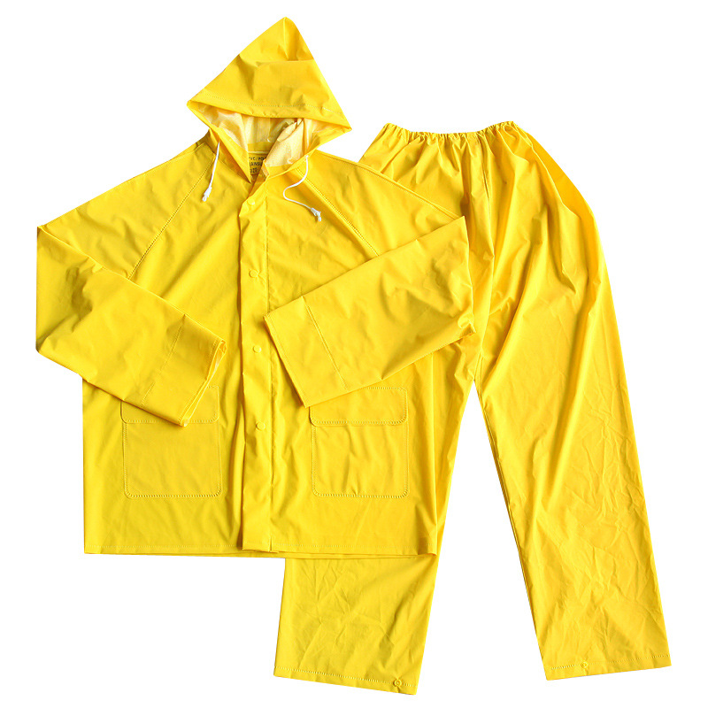 Cheap Adult Waterproof 0.3mm PVC Polyester Hooded Rain Coat Yellow Durable Heavy Duty PVC Rain Suit