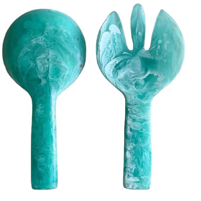 Handmade resin salad server set spiner salad comb with marble texture and aqua swirl pattern used in home hotel and restaurant