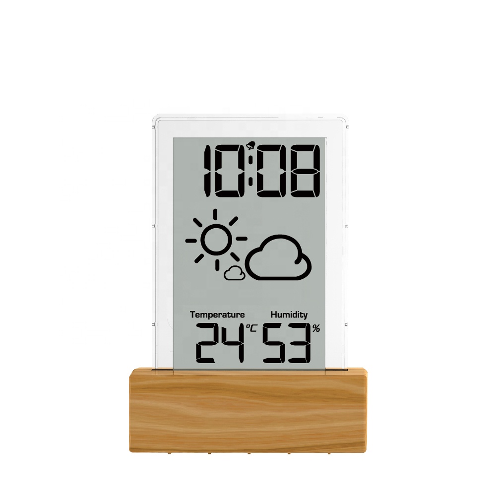 Wood-like finishing digital alarm clock with weather station and indoor temperature humidity