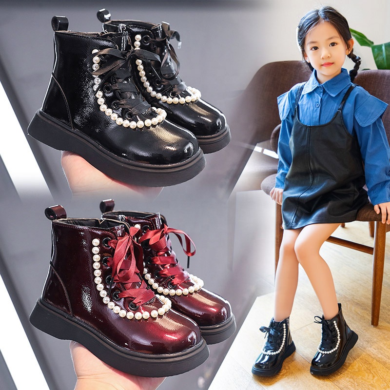 Girls Shinny PU Leather Ankle Boots Kids Lace Up Waterproof Combat Beaded Boots With Side Zipper for Little Kid/Big Kid