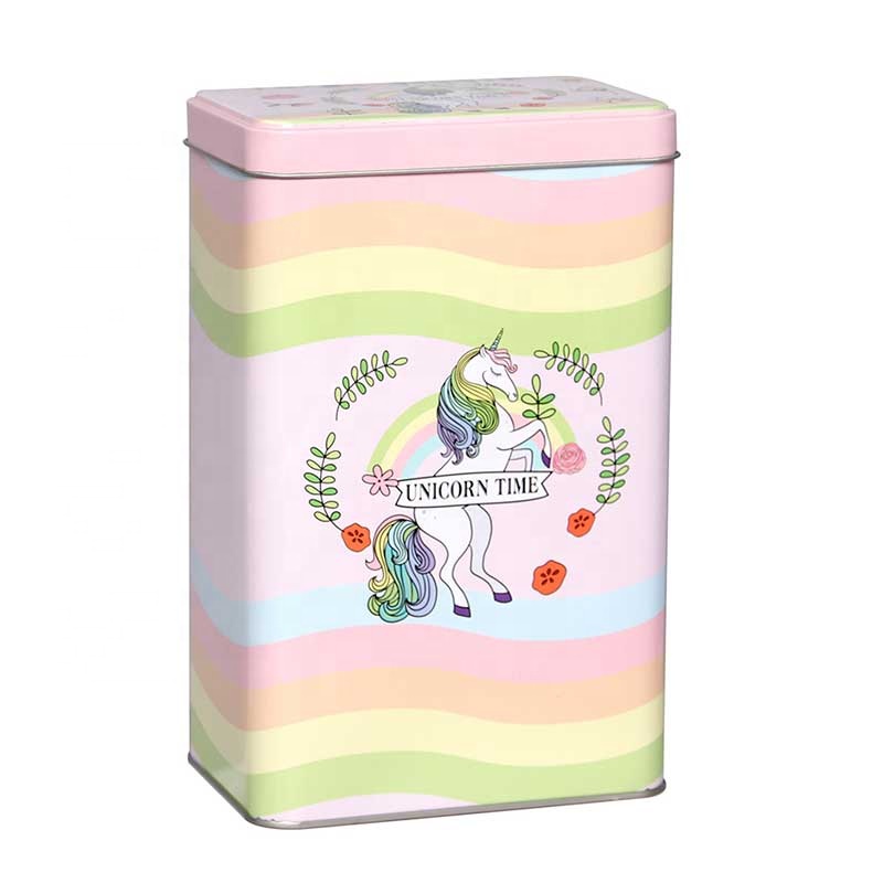Cute Food Grade Square Tin Can With Unicorn Design Multifunctional Tinplate Box