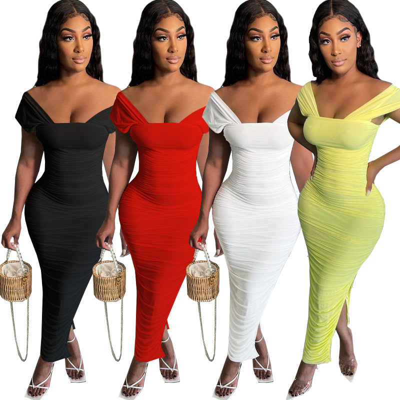 Hot selling 2021 Sexy temperament folds milk silk irregular one-shoulder long skirt outfit for women