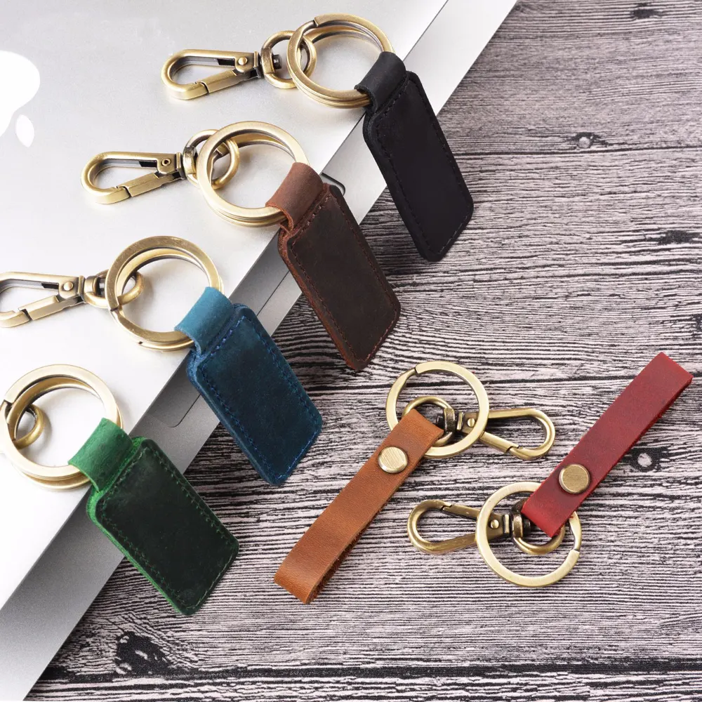 Handmade Genuine Leather Keychain Crazy Horse Key Chain Ring for Home Car Key Fob Support Customize LOGO