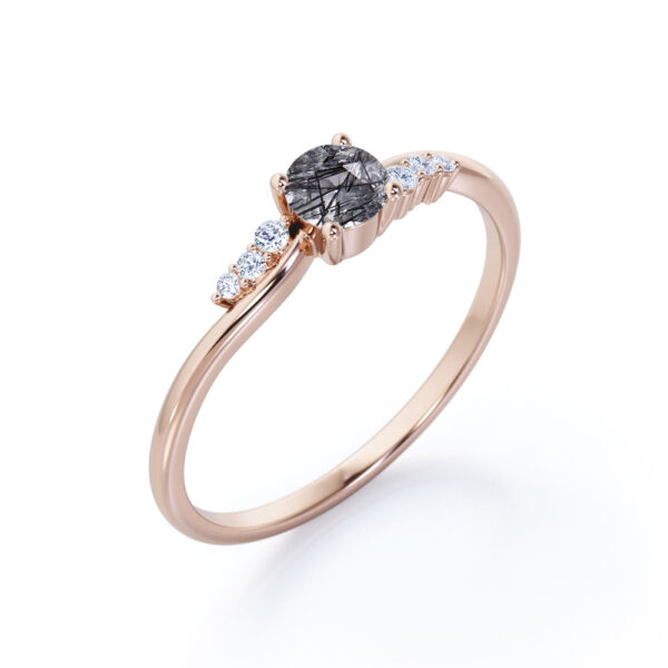 Dainty Engagement Round Gemstone Natural Black Rutilated Quartz Gemstone Ring Jewelry