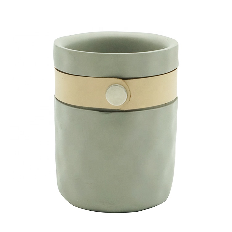 Haodexin wholesale 7oz concrete candle jars container cement empty concrete candle holder vessels with leather decor straps