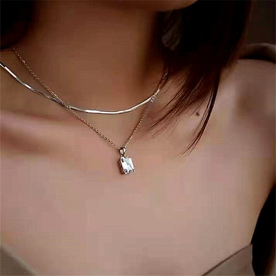 Hot Sale Real Gold Plated Snake Bone Chain Zircon Pendant Necklaces Double Layer Square Cubic Zirconia Necklace For Girls