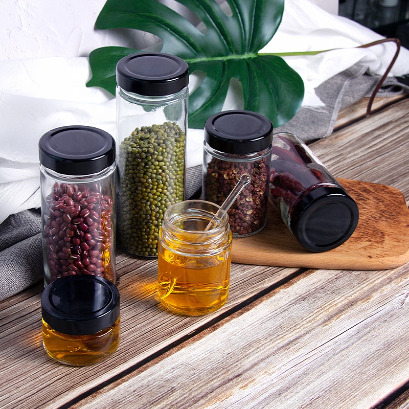 Round 12 oz Canning Jars Airtight Glass Jars with Black Metal Lid for Jam Honey Spices Pickle