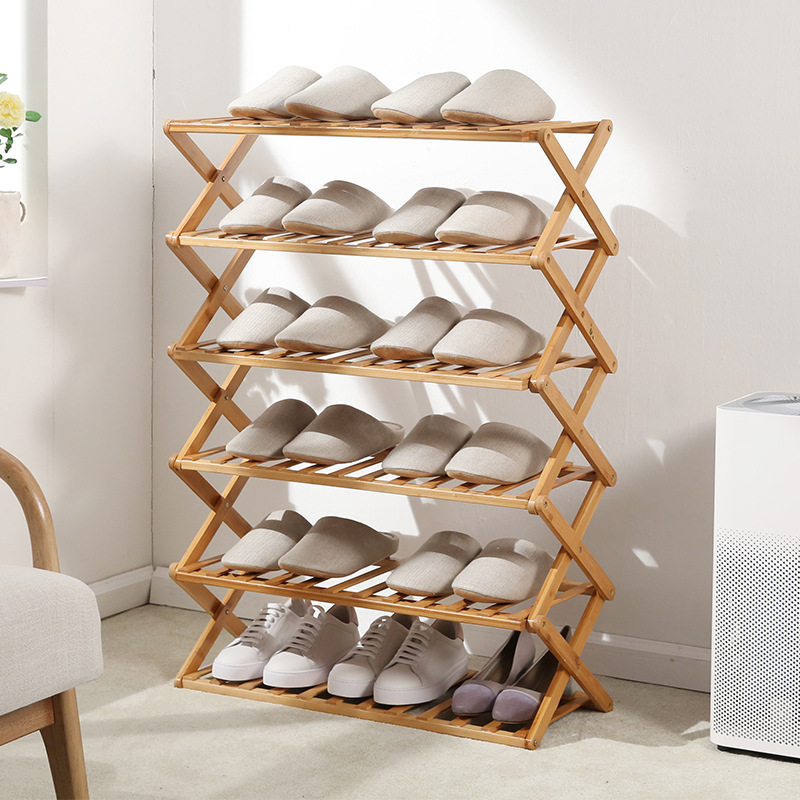 Wholesale Custom Modern Bamboo Wooden Foldable Portable 2/3/4/5 Tier Multifunctional Organizer adjustable Folding Shoe Rack