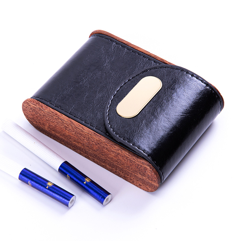 Men Women Minimalist Wooden Vintage PU Leather Magnetic Shut Cigarette Case
