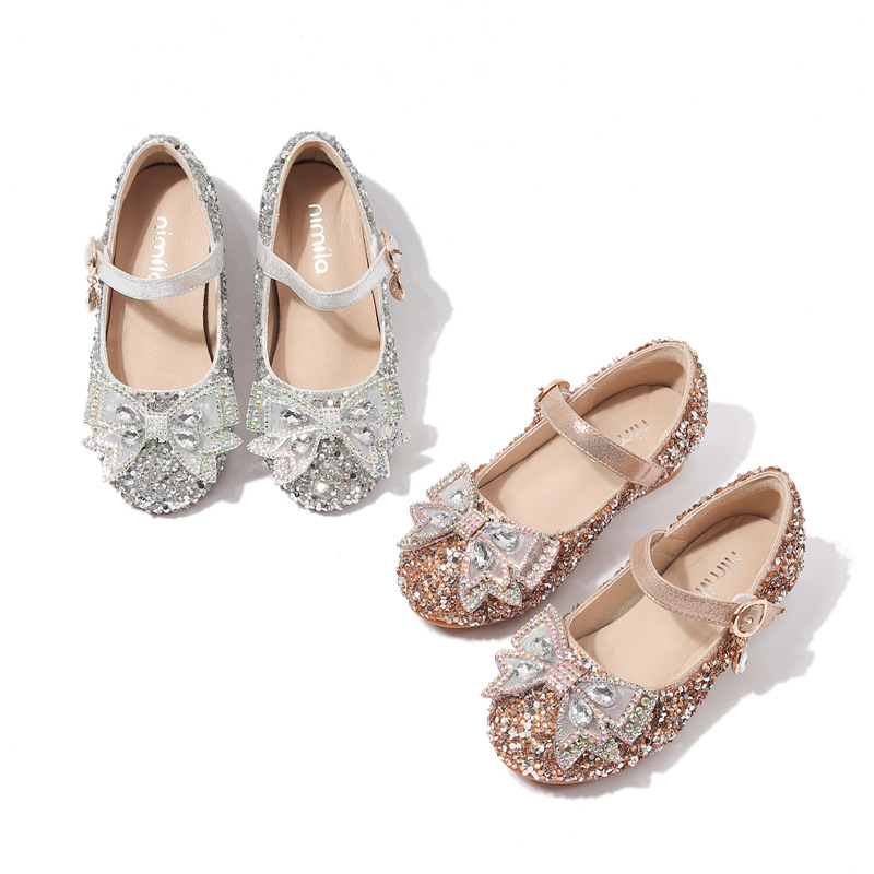 Flower Sequins Glitter Litter Girls Bridesmaids Mary Jane Wedding Dress Princess Low Heels Shoes For Kids