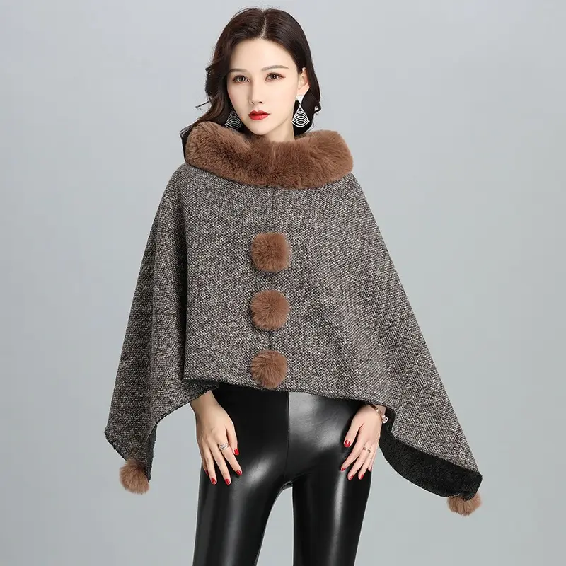 Women's Cashmere Coat Female Autumn Wool Cloak Cape Shawl Women Thick Detachable Fur Collar Woman's Cashmere Coats